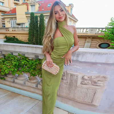 Hugcitar Halter Solid Sleeveless Backless Ruched Sexy Bodycon Maxi Prom Dress Summer Women Elegant Outfit Evening Party Birthday - Smarsty
