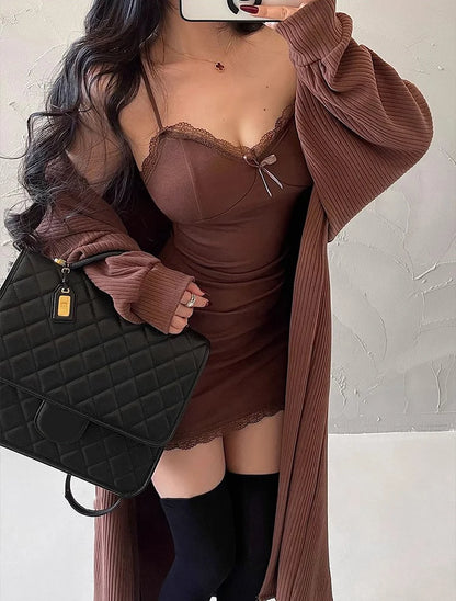 Y2K Retro Lace Patchwork Spaghetti Strap Black Bodycon Dress Mini Fashion Aesthetic Bow Club Party Sexy Dresses for Women - Smarsty