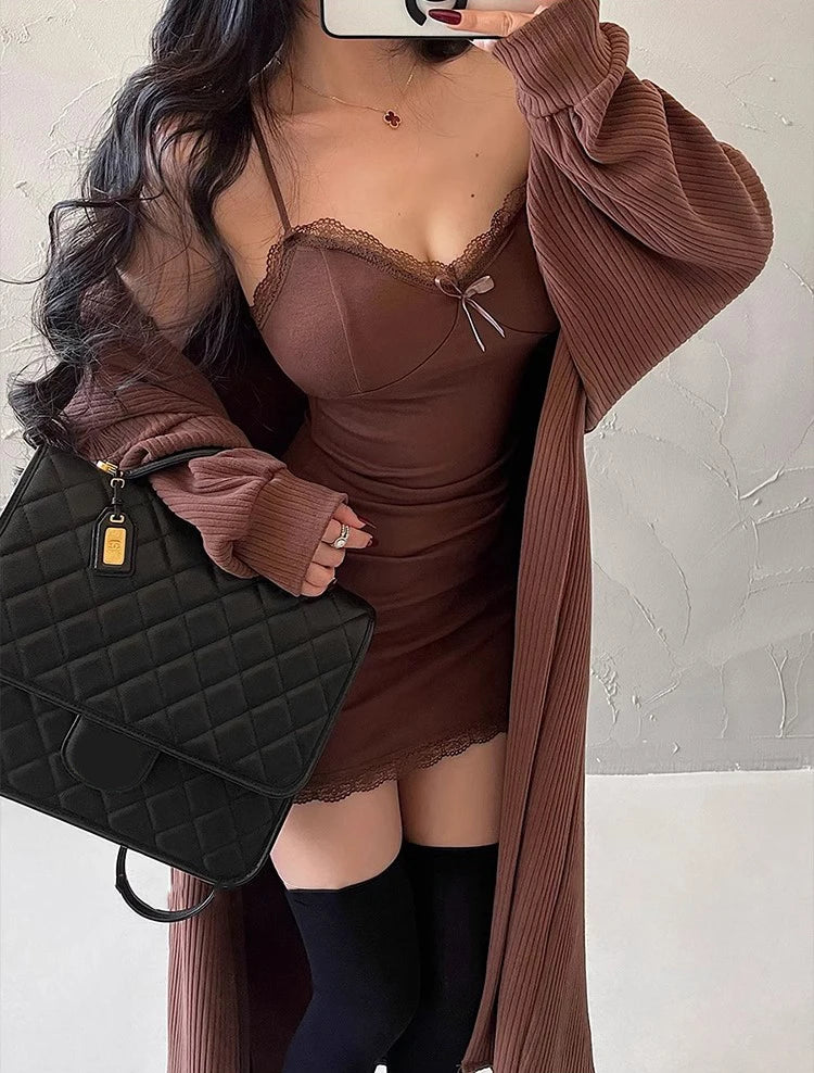 Y2K Retro Lace Patchwork Spaghetti Strap Black Bodycon Dress Mini Fashion Aesthetic Bow Club Party Sexy Dresses for Women - Smarsty