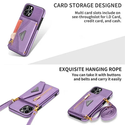 Zipper Wallet Phone Case For iPhone 14 13 12 11 X XS XR Leather Card Back Crossbody Strap Leather Magnetic Wallet Phone Case by Smarsty