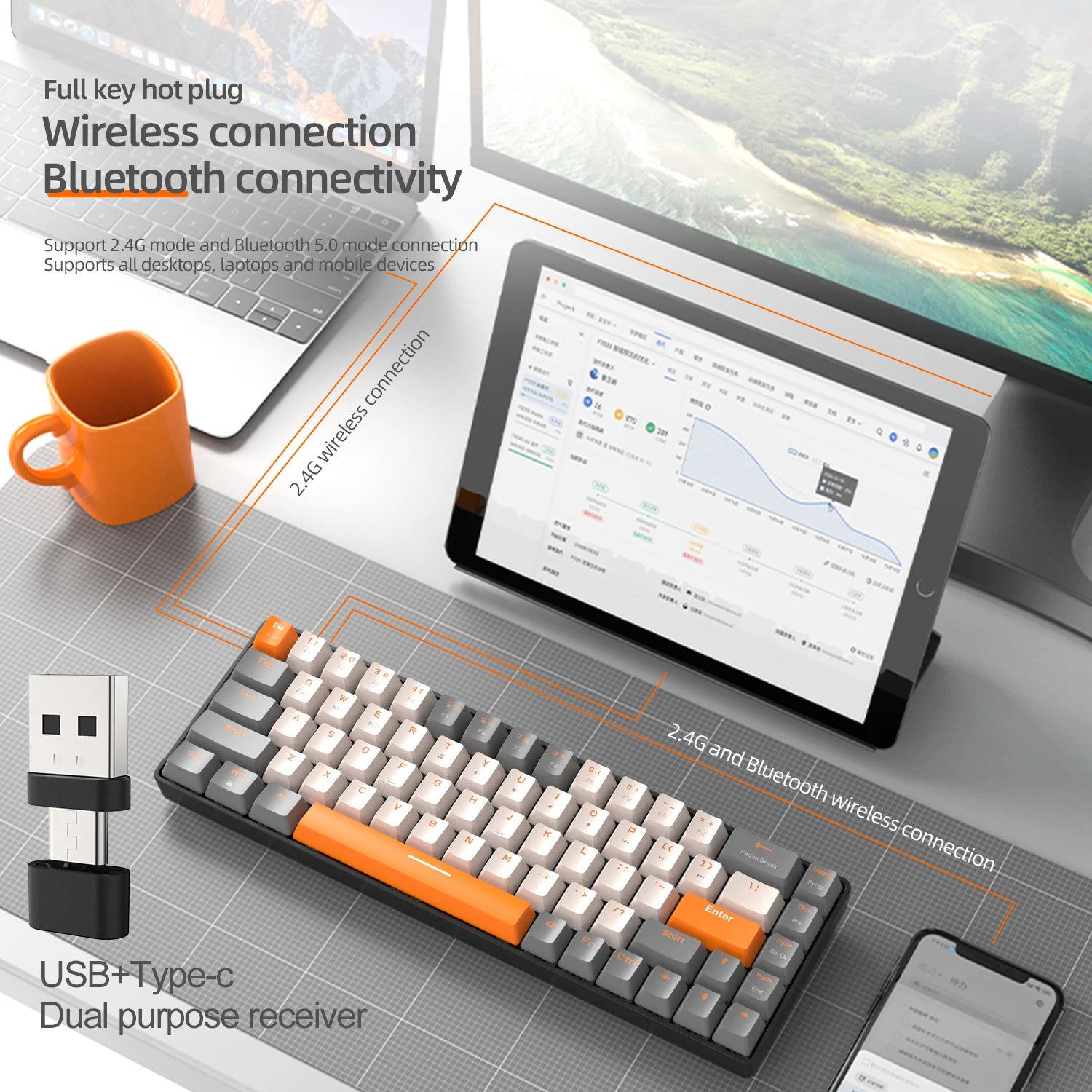 Wireless 60 Percent Mechanical Keyboard Bluetooth Hot Swap