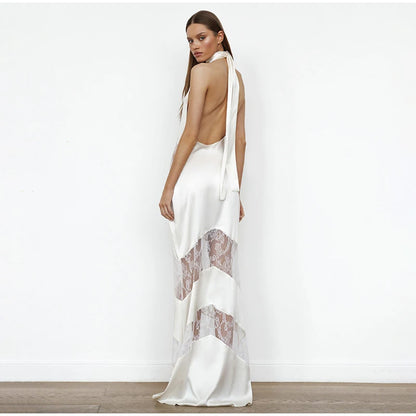 Elegant Lace Halter Dress Women Slim V-neck Backless Evening Long Dresses Woman Sleeveless Vintage Party Robe Lady Spring Summer - Smarsty