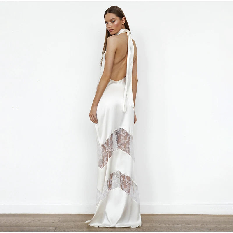 Elegant Lace Halter Dress Women Slim V-neck Backless Evening Long Dresses Woman Sleeveless Vintage Party Robe Lady Spring Summer - Smarsty