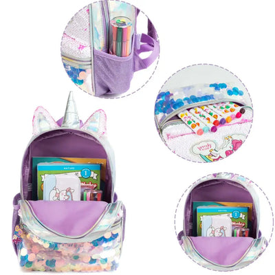 Girls Sequined Kindergarten Backpack With Zipper Closure - Smarsty