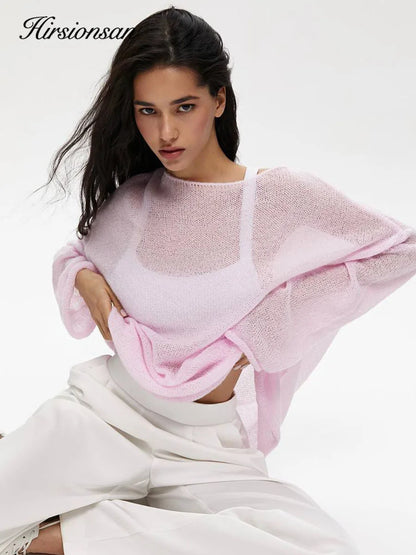 Hirsionsan Elegant Sweater Women 2024 Summer Autumn Casual Fashion Loose Women Pullovers Chic Pink White Jumper Sueter Mujer - Smarsty