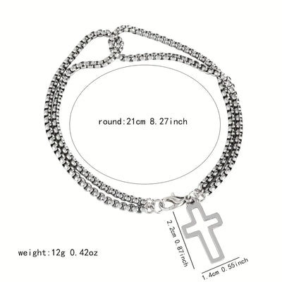 Mens Stainless Steel Double Chain Cross Bracelet Durable Hip Hop Jewelry - Smarsty