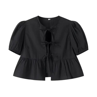 MUJER Ruffle Blouses Woman Puff Sleeve Shirts and Blouses for Women White Black Ruched Crop Top Female Ruched Women's Blouse - Smarsty