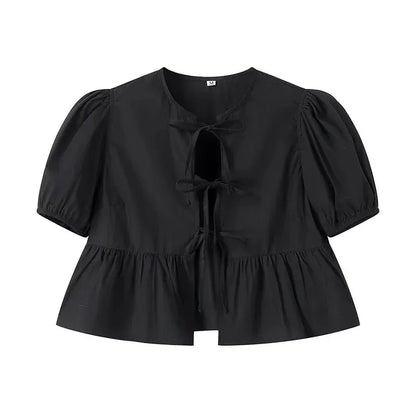 MUJER Ruffle Blouses Woman Puff Sleeve Shirts and Blouses for Women White Black Ruched Crop Top Female Ruched Women's Blouse - Smarsty