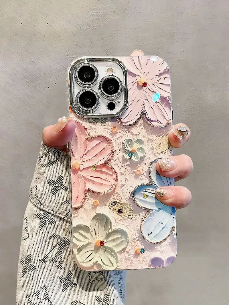 Luxury Flower Glitter Laser Phone Case For iPhone 17 Air 16 Pro Max 15 14 Plus 13 12 11 Diamond Shockproof Lens Protection Cover