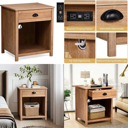 charging station nightstand in farmhouse style, pine wood with drawer for bedroom use