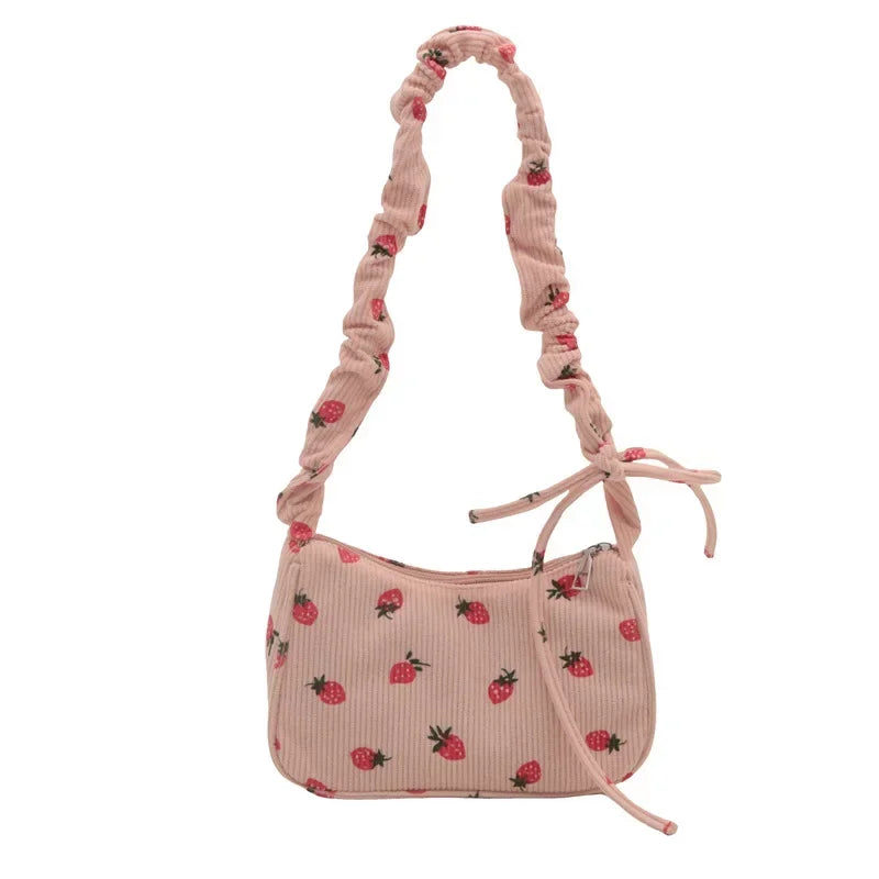 Corduroy Underarm Bag For Women Strawberry Print Mini Tote - Smarsty