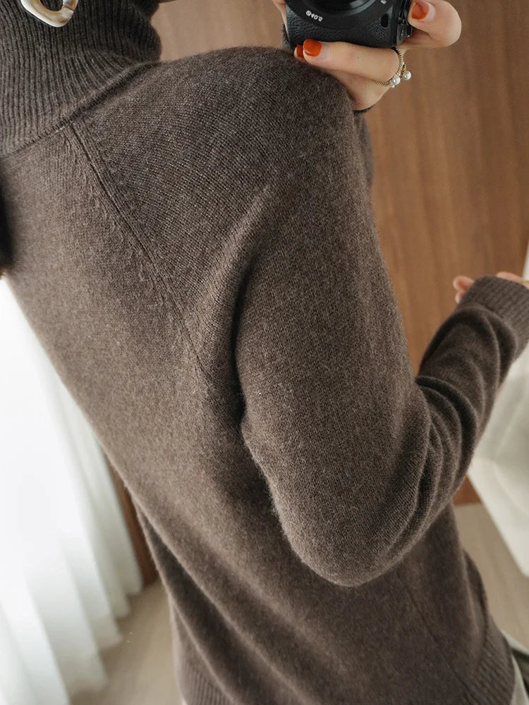 Fashion Basic Autumn Winter  Merino Wool Sweater Mock Neck Cashmere Pullover  Solid Color Soft Long Sleeve Clothing Tops - Smarsty