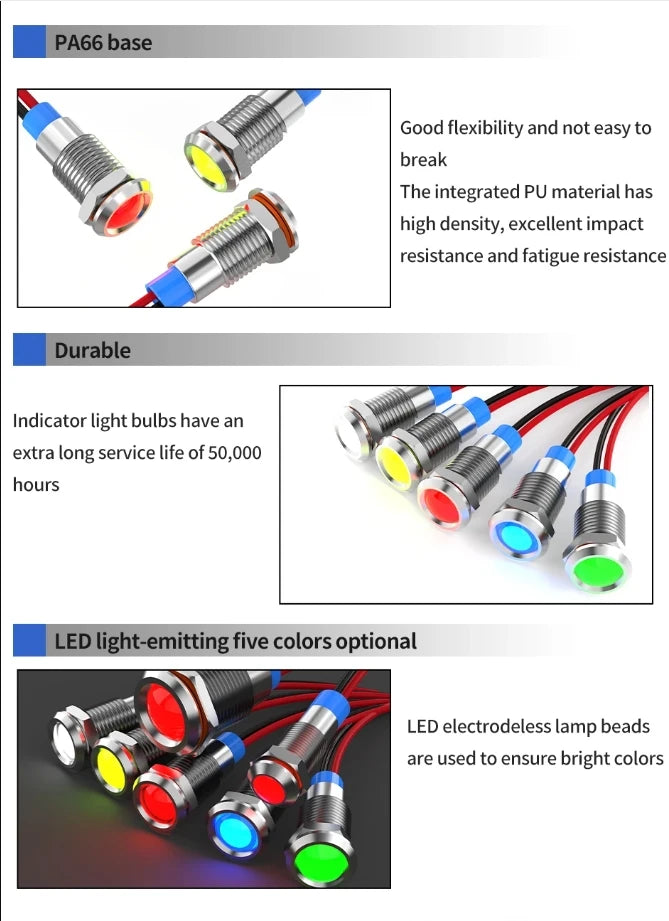 6mm LED waterproof metal indicator light signal light with wire 6V -12V -24V 24V 220V red/yellow/blue/green/white metal button - Smarsty