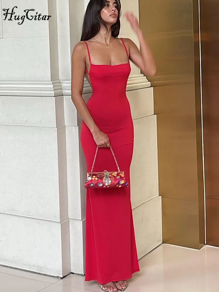 Hugcitar 2025 Spring Solid Sleeveless Backless Elegant Sexy Bodycon Y2K Maxi Prom Dress Women Clothes Birthday Party Casual Y2K