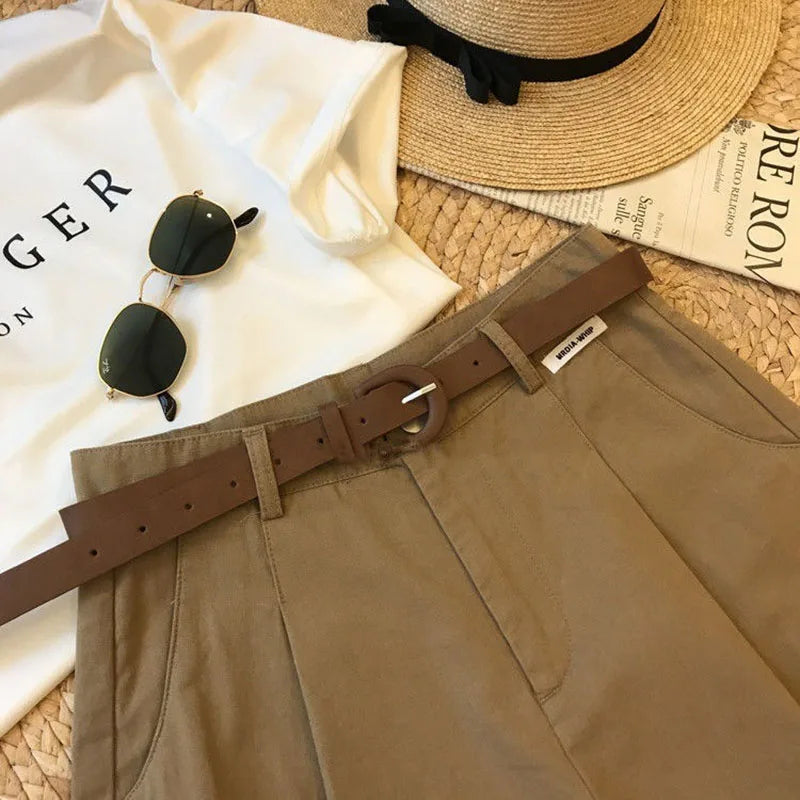 [Delivery belt] Summer new wide leg shorts Thin cotton A-frame shorts Office ladies classic loose casual zipper shorts for women - Smarsty