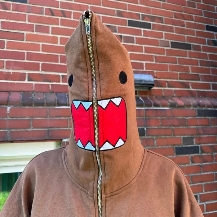 Domo kun Unisex Embroidered Jacket Long Sleeve Zipper Hooded Sweatshirt for Autumn Winter Cardigan