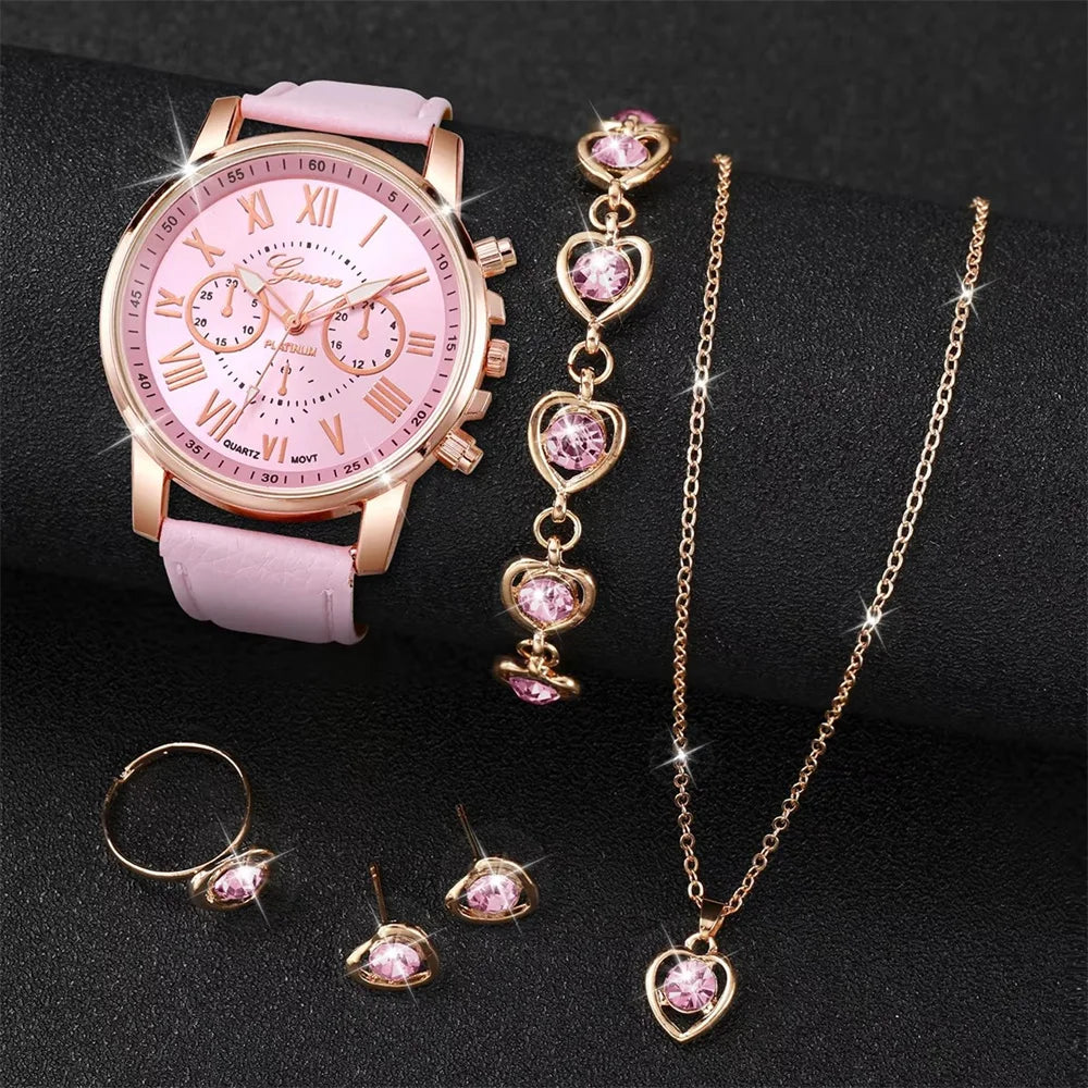6PCS Women's Quartz Watch Set with Leather Band - Smarsty