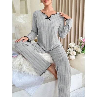 Women Autumn Winter Sleepwear Ribbed Pajamas Set Long Sleeve Top and Long Pants 2 Piece Set Casual Homewear Loungewear - Smarsty