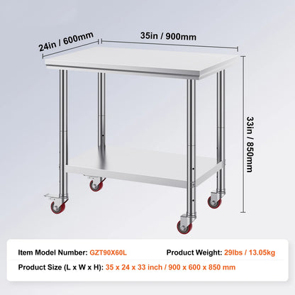 SucceBuy Stainless Steel Kitchen Worktable shelves Commercial Work Bench Table with Caster Wheels for Home Restaurant Storage