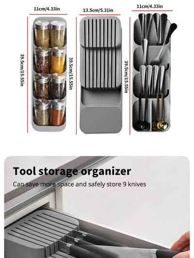 Kitchen Drawer Cutlery Storage Tray Knife Holder Spoon Forks Tableware Organizer Container For Spice Bottles Knives Block Rack by Smarsty