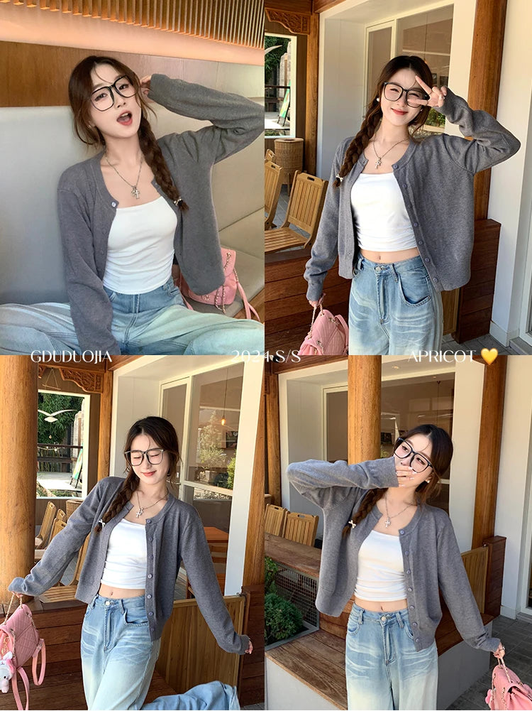 AOSSVIAO Women's Long Sleeve 2025 Cardigan O Neck Button Down Knit Lady Autumn Spring Knitted Single-breasted Cardigan Sweaters - Smarsty