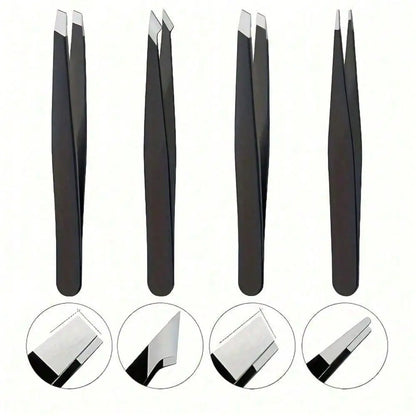 4Pcs Stainless Steel Tweezers - Precision Tool for Eyebrow Shaping, Hair & Beard Removal