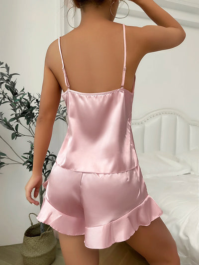 Simple Satin Pajama Set Long Sleeve Belted Robe  V Neck Cami Top And Shorts Women's Sleepwear - Smarsty
