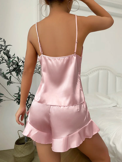 Simple Satin Pajama Set Long Sleeve Belted Robe  V Neck Cami Top And Shorts Women's Sleepwear - Smarsty