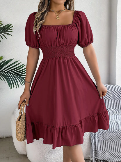 Women's MIidi Dresses 2024 Summer Casual Square Neck Short Sleeved Waist Ruffle Edge Dress Dress Women Elegant Платья Женские - Smarsty