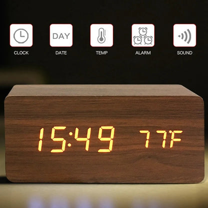 Wooden Digital Alarm Clock with Temperature Display - Smarsty