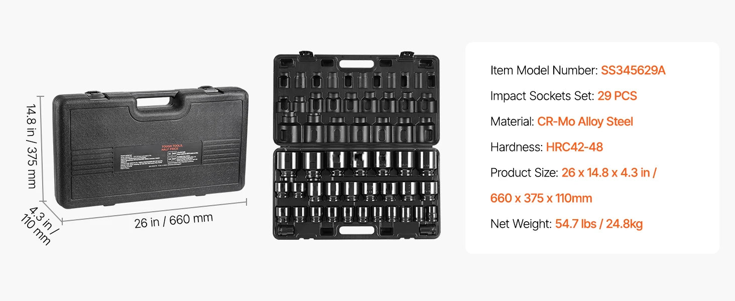 SucceBuy Impact Socket Set 3/4 Inches 29 Piece Impact Sockets 6-Point Sockets Rugged Construction CR-M0 3/4In Drive Socket Set