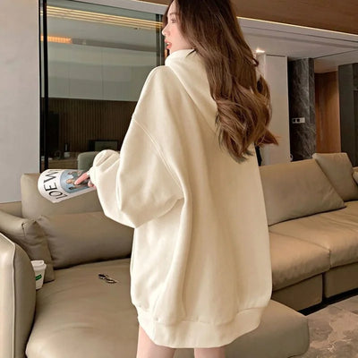 Women Embroidery Print Sporty Chic Hoodies Casual Zip Up Long Sleeve Loose Jacket Coats Harajuku Hooded Sweatshirts Streetwear - Smarsty