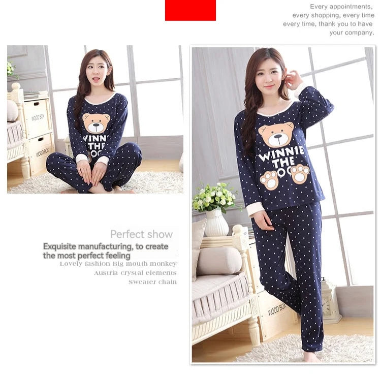 2PCS/Set Women Fashion Long-Sleeved Pajamas Fall and Winter Cartoon Love Bear Cute Soft Loose Casual Sleepwear Outside Homewear - Smarsty