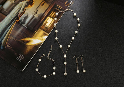 Gold Tone Necklace Earrings Bracelet Set With Tassel Pearls - Smarsty
