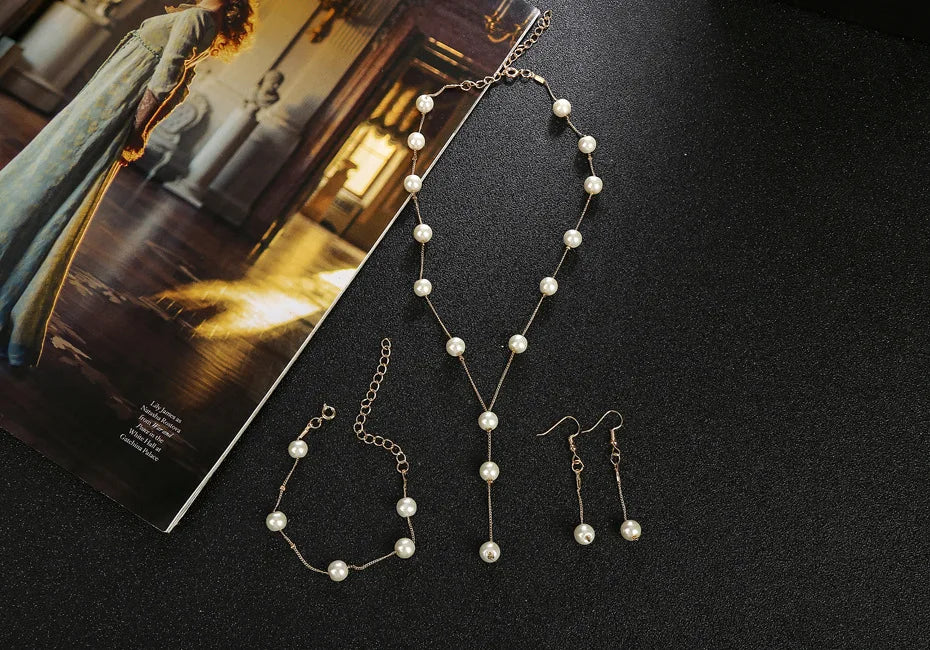 Gold Tone Necklace Earrings Bracelet Set With Tassel Pearls - Smarsty