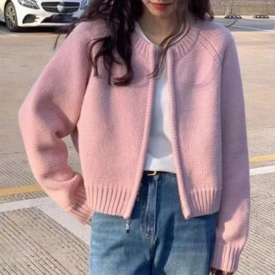 Autumn Winter Short Knitting Cardigan Women Solid Color Long Sleeve Round Neck Sweater Jacket 2025 Casual Zipper Sweater Coats - Smarsty