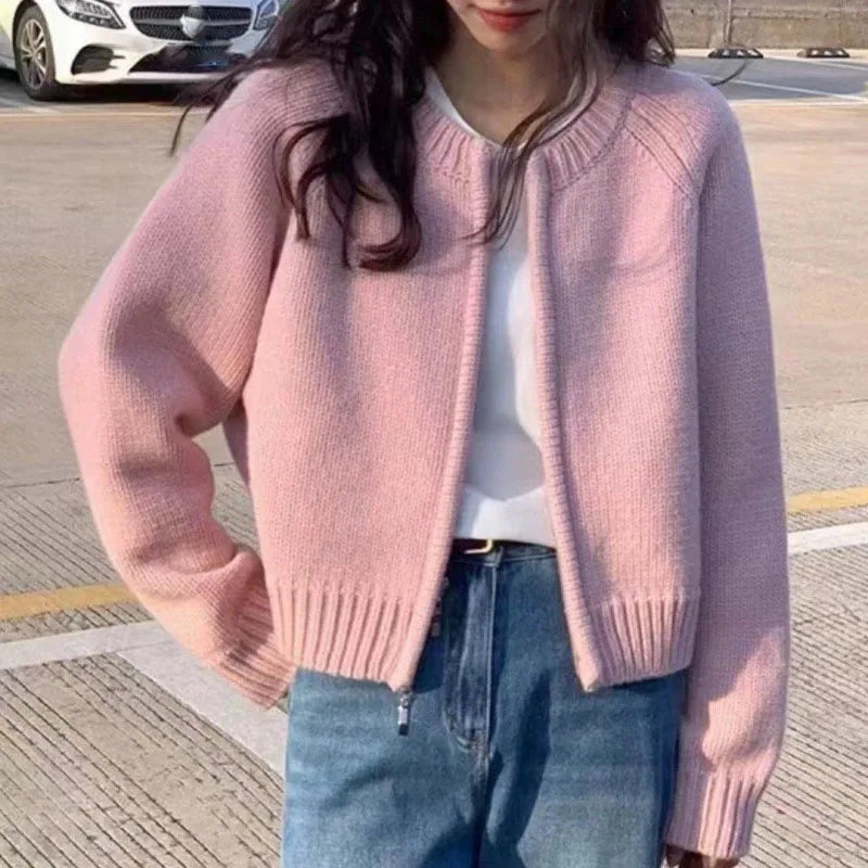 Autumn Winter Short Knitting Cardigan Women Solid Color Long Sleeve Round Neck Sweater Jacket 2025 Casual Zipper Sweater Coats - Smarsty