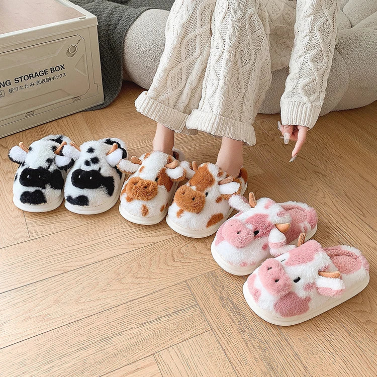 Casual Fluffy Slippers Women House Cute Cartoon Cow Designer Shoes Girl Flat Fashion Elegant Plush Winter Platform Footwear Home - Smarsty