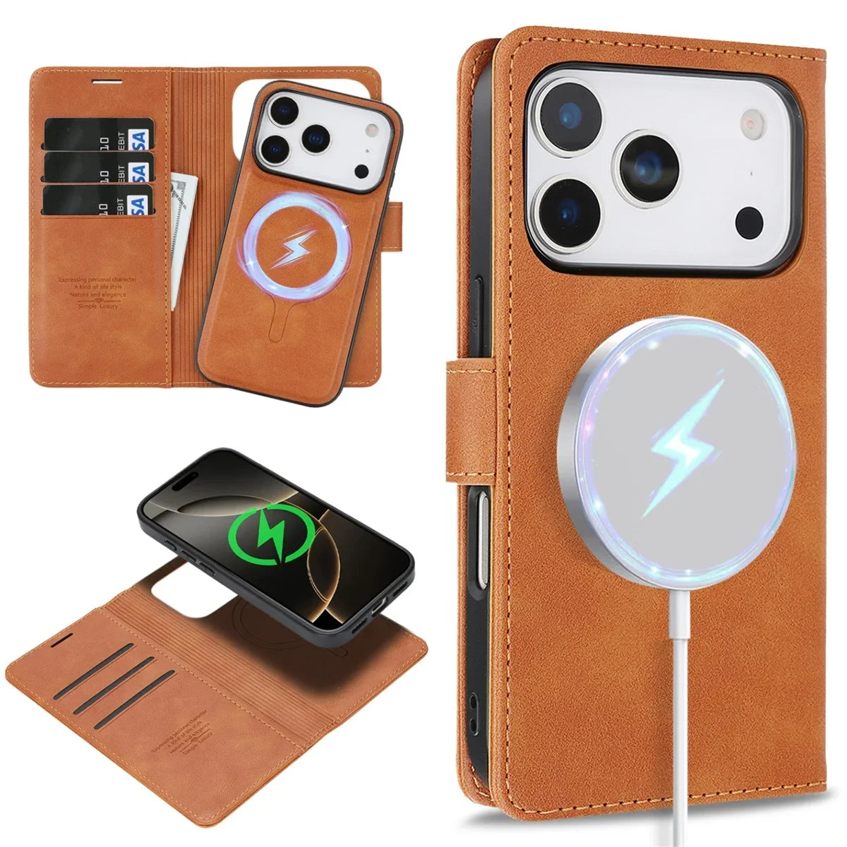 2 in 1 MagSafe Magnetic Leather Phone Case for IPhone 17 Air 16 Pro Max 15 Plus 14 13 12 16E Card Slots Wallet Protective Cover