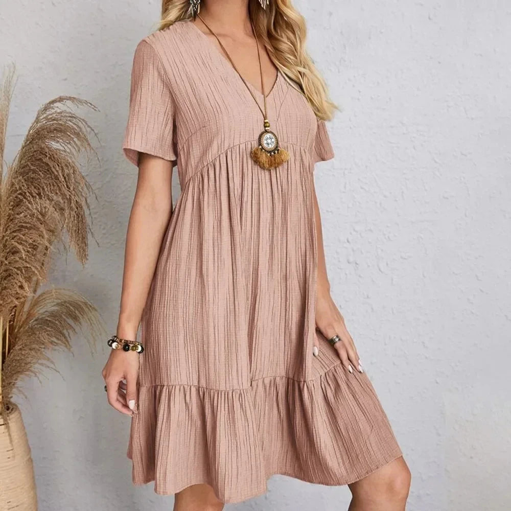 Women Summer Peplum Dresses Spring V-Neck Short Sleeve Loose Waist Ruffle Fit Flare Vocation Dresses - Smarsty