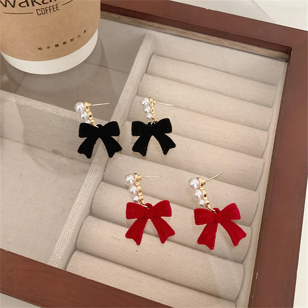 Red Black Bowtie Earrings with Simulated Pearls for Women - Smarsty
