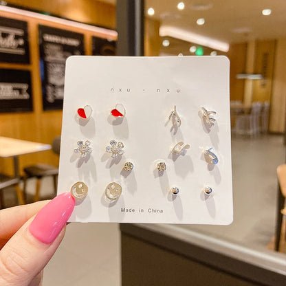 4 Pair Silver Heart Stud Earrings Set Cute Gift Everyday - Smarsty