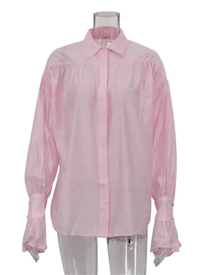 Tossy Casual Loose See-Through Shirts Women's Autumn Lapel Long Sleeve Patchwork Blouse Top Streetwear Female Solid Shirts Top - Smarsty