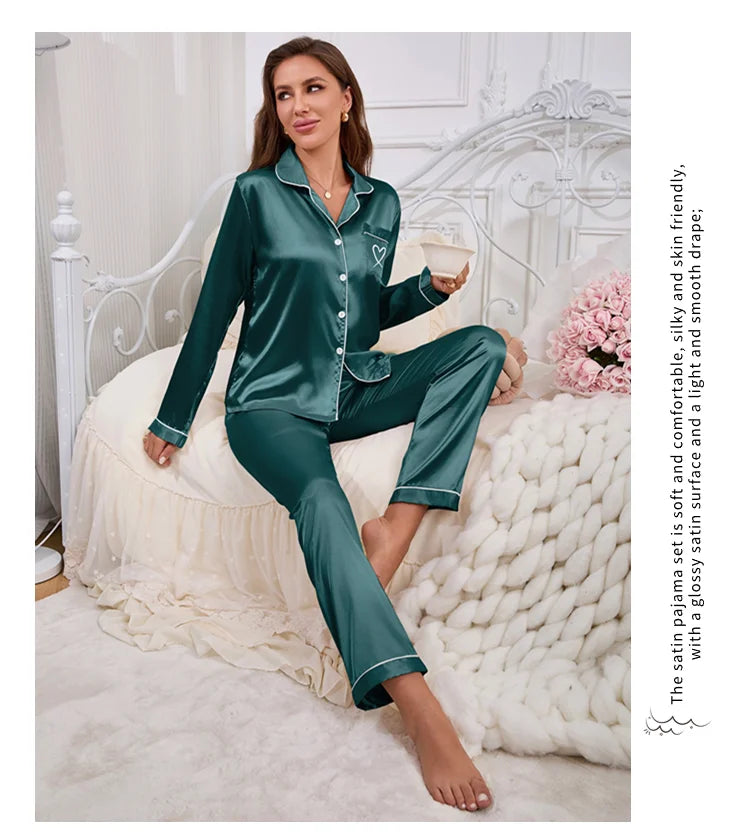 Autumn Satin Pajama for Women Heart-shaped Embroidery Sleepwear & Loungewear Long Sleeve Top & Pants Home Clothes Pyjama 2 Piece - Smarsty