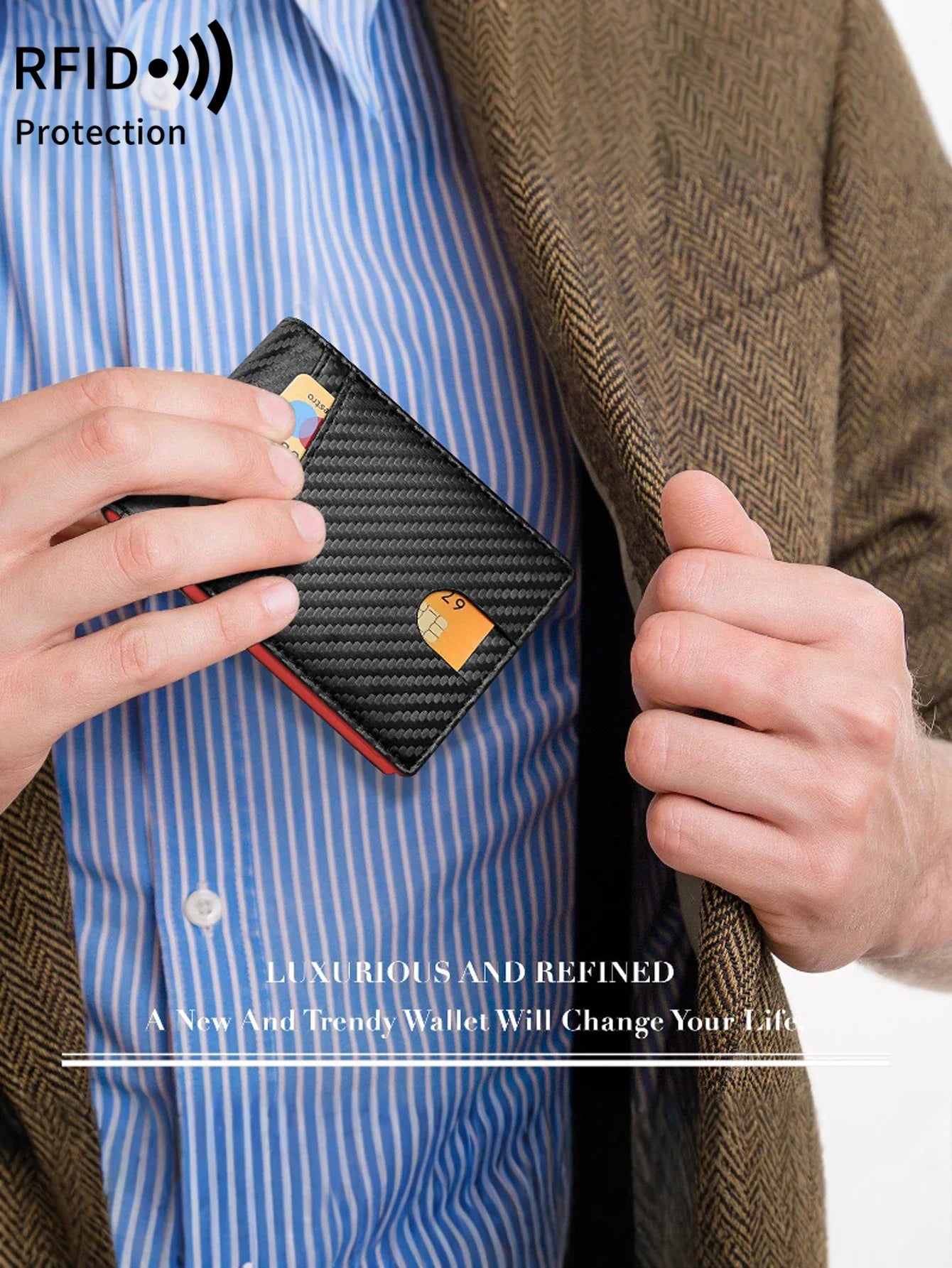 RFID Blocking Ultra-thinTrifold Wallet Carbon Fiber Pattern Portable Credit Card Holder,with2 ID Windows and Multiple Card Slots - Smarsty