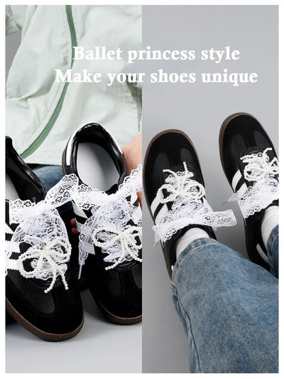 Fancy Lace Shoelaces for Women Casual Shoes 2.9CM Width Flat Shoelace for Sneakers Black White Shoe Laces Accessorices - Smarsty