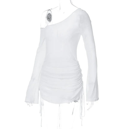 ALLNeon Fairycore White Perspective Oblique Shoulder Long Sleeve Mini Dress Hotsweet Shirring Hipster Dresses Sexy Clubwear Y2K - Smarsty