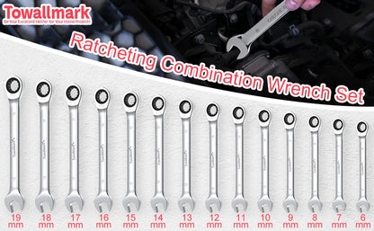 14-Piece Wrench Set, Ratcheting Wrench Set, Metric 6-19mm,Chrome Vanadium Steel with Storage Bag for truck/garage projects, etc.