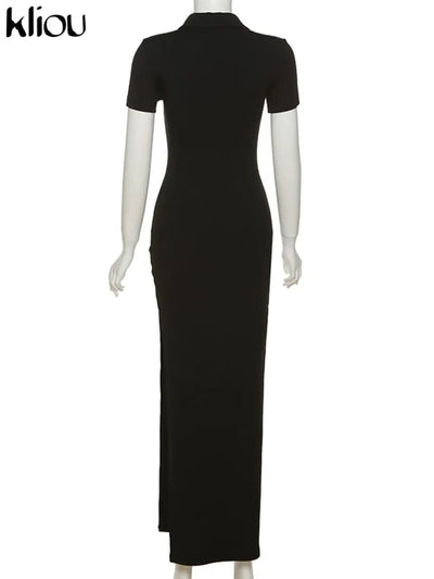 Kliou Elegant Office Lady Maxi Dress Women Solid Fashion Turn-down Collar Short Sleeve Button Side Slit Body-Shaping Street Robe - Smarsty