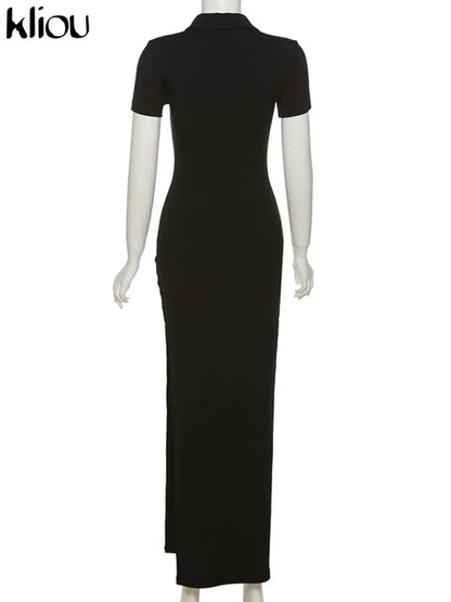 Kliou Elegant Office Lady Maxi Dress Women Solid Fashion Turn-down Collar Short Sleeve Button Side Slit Body-Shaping Street Robe - Smarsty